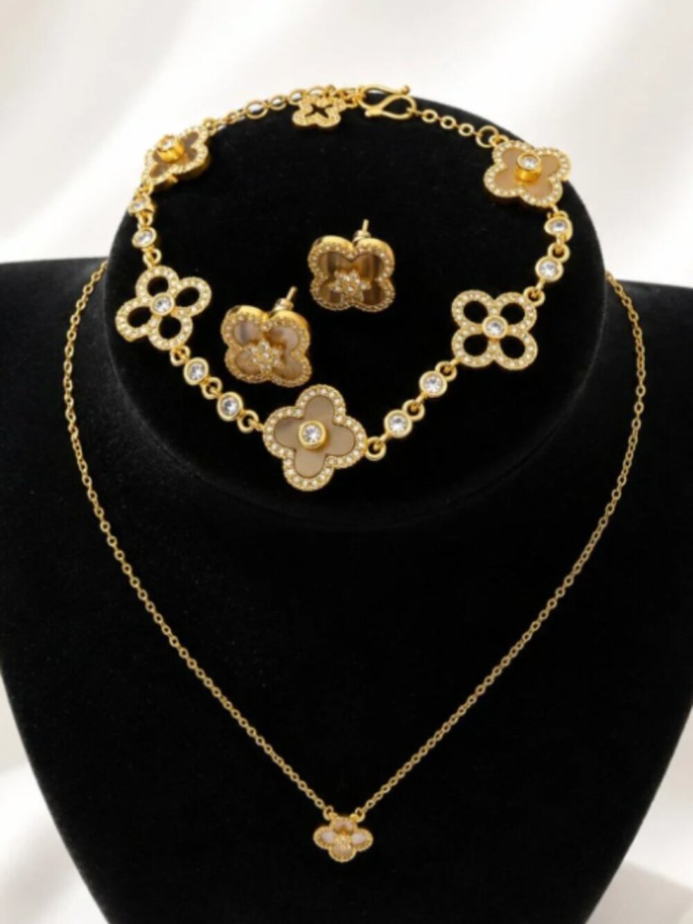 3-Piece Gold Tone Brown Clover Jewelry Set Necklace Bracelet Earrings